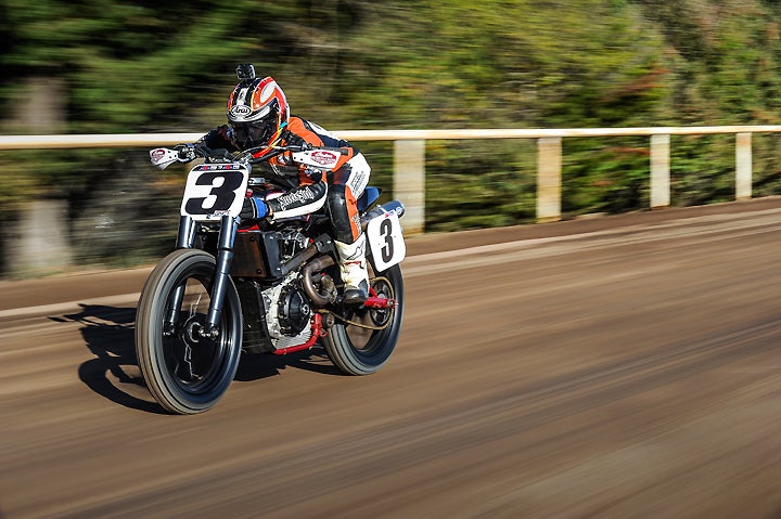 Seven-time AMA Flat Track Champion Chris Carr tested the new Indian Scout FTR750 at the Santa Rosa Mile, proclaiming the all-new machine to be a serious contender for the 2017 American Flat Track Championship. PHOTO BY BARRY HATHAWAY.