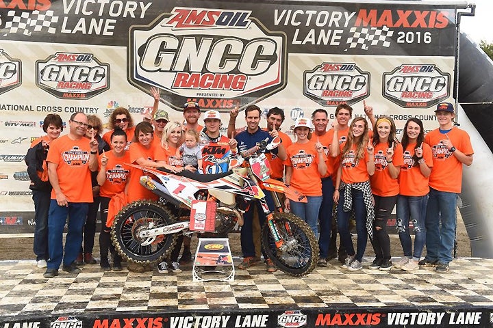 Russell and his FMF/KTM Factory Racing team celebrate another GNCC National Championship. PHOTO BY KEN HILL.