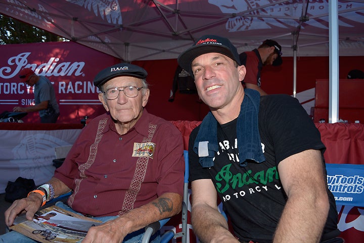 Joe Kopp (right) sits with 1953 AMA National Champion Bill Tuman (left), the last man to give Indian a national title. Tuman was on hand to watch the Indian Scout FTR750, and he has given it his blessing. PHOTO BY SCOTT ROUSSEAU.