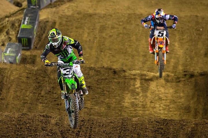 Eli Tomac (3) scored one main event win and landed the 2016 Monster Energy Cup by one point over Ryan Dungey (5) at Sam Boyd Stadium in Las Vegas. PHOTO BY RICH SHEPHERD.