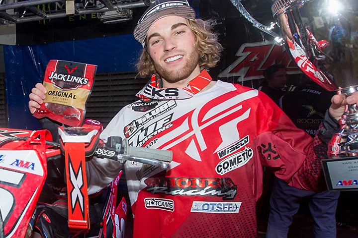 Jace Owen went undefeated in both 250AX main events at Van Andel Arena, round two of the 2017 AMSOIL Arenacross Series. PHOTO COURTESY OF ARENACROSS.COM.