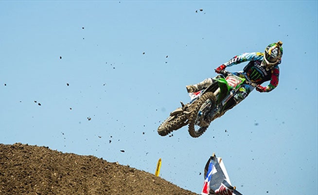 Monster Energy Kawasaki's Ryan Villopoto flies over a Lake Elsinore jump en route to a another clean moto sweep and overall win at the final round of the Lucas Oil Pro Motocross Championship in Southern California. PHOTO COURTESY OF KAWASAKI