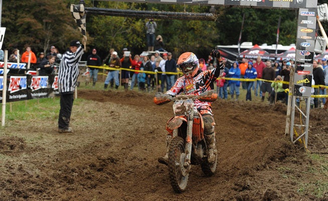 Kalub Russell prevailed after a battle with factory KTM teammate Charlie Russell to win his fifth consecutive AMSOIL GNCC in Foxburg, Pennsylvania, Sunday. PHOTO COURTESY OF KTM