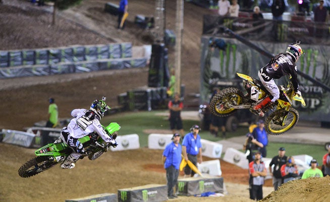 Villopoto (2) chased Stewart (7) in moto two, setting up a fateful final lap. PHOTO BY STEVE COX