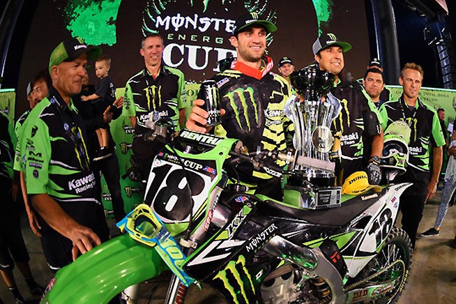 Davi Millsaps and crew were all smiles after Millsaps won the 2014 Monster Energy Cup aboard his factory Monster Energy Kawasaki KX450F on Saturday night. PHOTOS COURTESY OF KAWASAKI MOTORS CORP., USA.