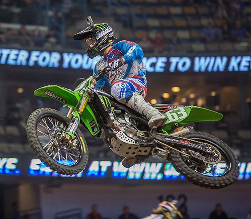 Team Babbitt's/Monster Energy/AMSOIL Kawasaki's Chris Blose jumped to the early lead in the countdown-style AMSOIL Arenacross Race to the Championship with a win at Smoothie King Arena in New Orleans, March 21. PHOTO BY JOSH RUD/SHIFTONE PHOTOGRAPHY.