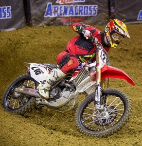 Tristan Charboneau netted the first win of his professional career in the Eastern Region Arenacross Lites main event at Landers Center. PHOTO BY JOSH RUD/SHIFTONE PHOTOGRAPHY.