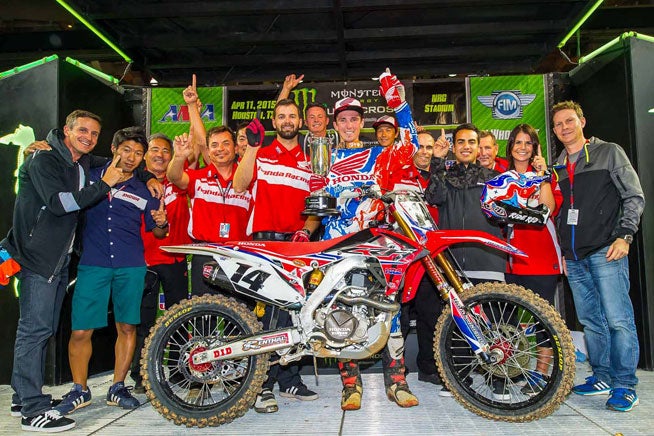 Cole Seely and his Team Honda HRC crew celebrated Seely's first career Monster Energy AMA Supercross Series win at NRG Stadium in Houston, Texas, Saturday night. PHOTOS BY RICH SHEPHERD.