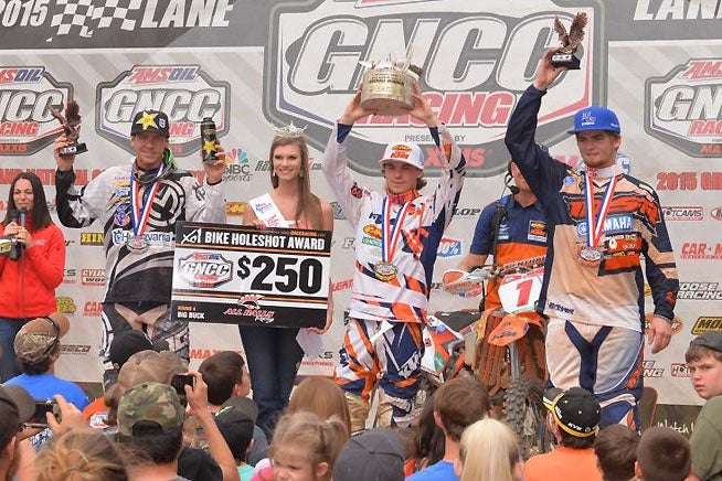 Big Buck GNCC winner Russell (center) is flanked by runner-up Strang (left) and third-placed Baylor (right).