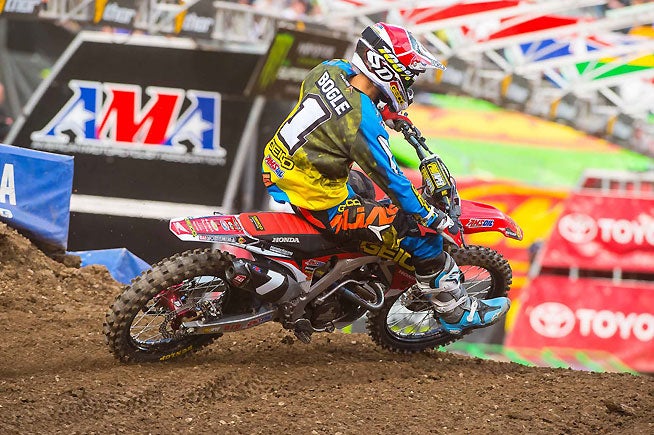 Defending AMA 250cc East Supercross Champion Justin Bogle tried valiantly to stop Musquin and keep his hopes for a repeat title alive by leading most of the main event, but Musquin passed Bogle, dropping the outgoing champion to second place.