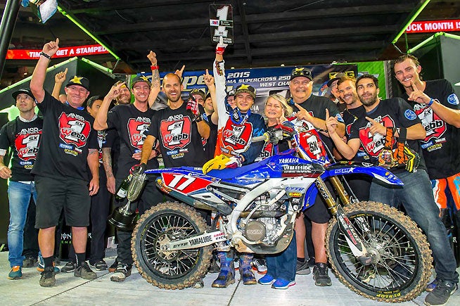 Webb and his Yamalube Star Racing Yamaha team celebrated Webb's AMA 250cc West title-clinching victory at NRG Stadium in Houston, Texas, April 11. PHOTOS BY RICH SHEPHERD.