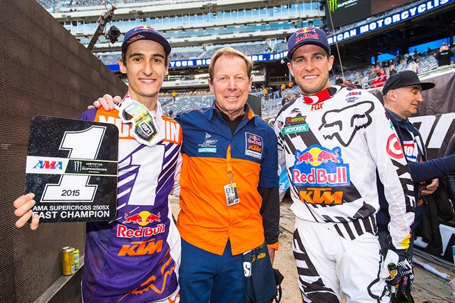 Newly crowned AMA 250cc East Supercross Champion MArvin Musquin (left) will remain with team manger Roger DeCoster (center) and teammate Ryan Dungey (right) on the Red Bull KTM squad. The team announced it has extended his contract through 2017. PHOTO BY SIMON CUDBY.