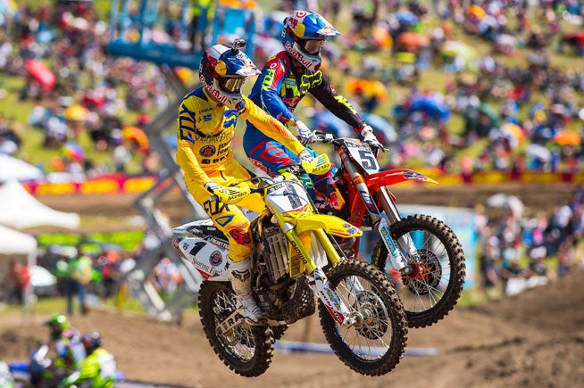 The battle for the the 450cc overall win at the True Value Thunder Valley National in Colorado came down to reigning Lucas Oil 450cc Champion Ken Roczen (1) and former champion Ryan Dungey (5) after Moto-One winner Eli Tomac crashed violently in Moto Two. Two crashes by Roczen late in moto two allowed Dungey to secure the Moto Two win and the overall win. PHOTOS BY RICH SHEPHERD. 