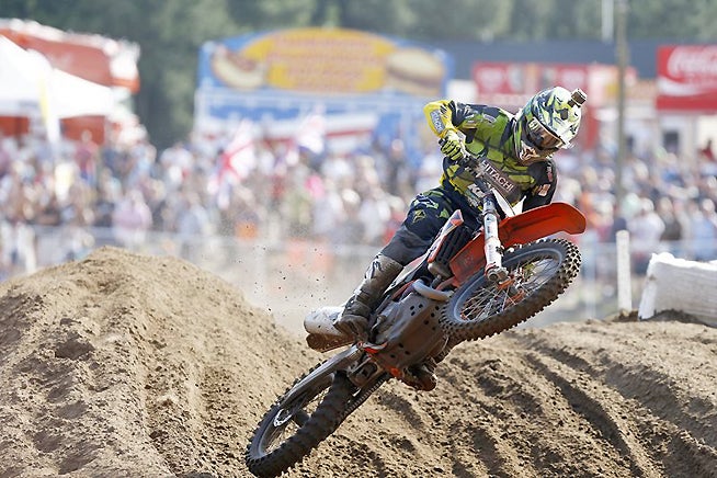 Hitachi Revo KTM's Shaun Simpson of Scotland dominated the competition in the sand at Lommel, Belgium, to score a 1-1 sweep for his first MXGP win of the season. PHOTO SOURCE: KTMUKMX.COM.