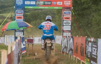 Top American Kailub Russell suffered mutliple crashes during Day 3 of the 90th ISDE in Slovakia, suffering a damaged bike and a serious knee injury. Russell has been forced to pull out of the event, and he is expected to fly home and undergo surgery to repair the knee.