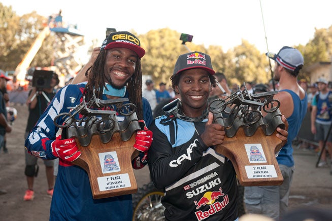 James Stewart (right) celebrates his second consecutive Red Bull Straight Rhythm title with brother and 250cc support class winner Malcolm Stewart, making for a Stewart family double at the event in Pomona, California, today.