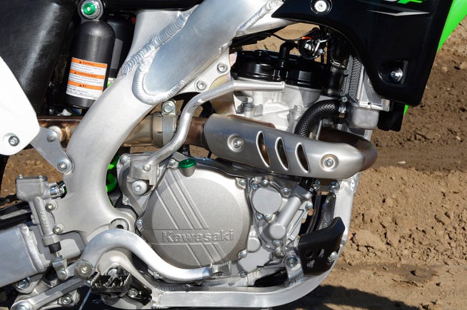 The KX250F's engine is identical to last year's, save for a single bolt upgrade in its cases. The fuel-injected, 249cc DOHC delivers excellent throttle response and a hearty mid-range slug, but it doesn't rev as high as some of the other 250s in the class.