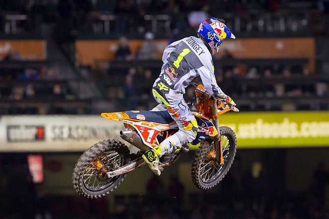 Reigning AMA Supercross Champion Dungey crashed during the main event but rebounded to finish second. PHOTO BY RICH SHEPHERD.