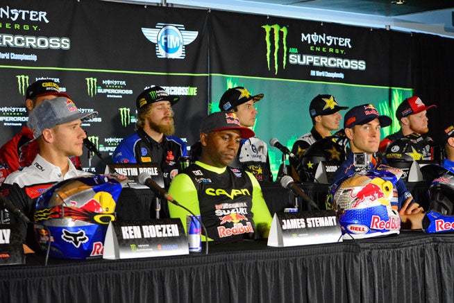 No less than 13 men, including the ones shown here, have a chance to win the 2016 Monster Energy AMA Supercross Series opener at Angel Stadium in Anaheim, California, Saturday.
