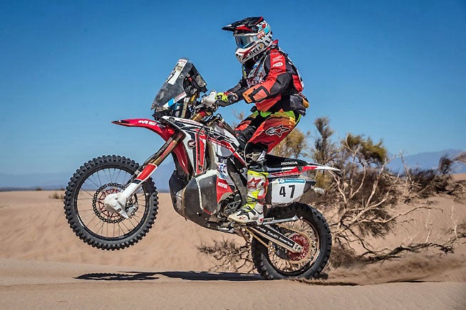 Honda South America's Kevin Benavides is still handing tough in the top five overall. The Argentinian rider finished second today in Stage 10. PHOTO COURTESY OF TEAM HRC.