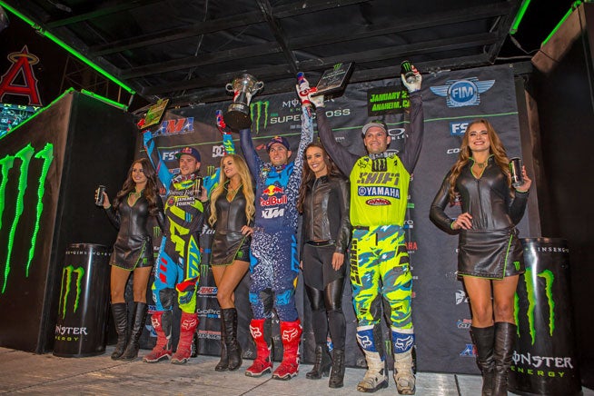 Roczen, Dungey and Reed are all smiles on the podium. The trio represents a lot of championships in AMA motocross and supercross. PHOTO BY RICH SHEPHERD.
