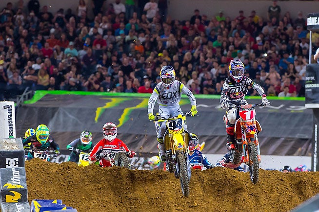 Roczen pulled the holeshot (94), but Dungey (1) took the lead before the end of the first lap. Roczen fought back on the next lap to retake the lead and go on to win the race. PHOTO BY RICH SHEPHERD.