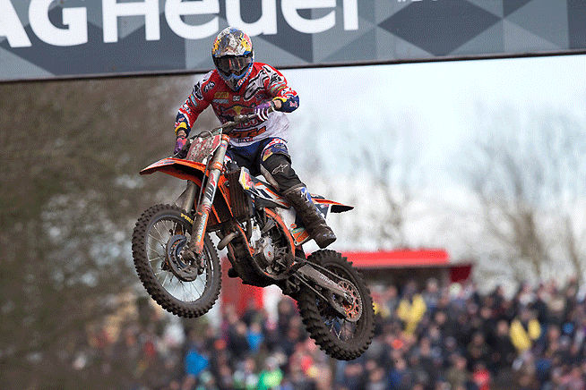 Jeffrey Herlings remains undefeated through the first three MX2 rounds in 2016. Herlings scored his third straight win--and the 50th of his career--in front of his countrymen at Valkenswaard. The venue was also the site of his first career GP win in 2010. PHOTO BY RAY ARCHER/KTM IMAGES.