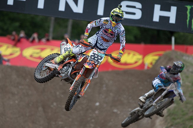 Antonio Cairoli (left) won the first moto then battled with Romain Febvre (right) in the second moto en route to the overall win in the MXGP of Trentino. It was Cairoli's second consecutive MXGP overall win of the season. PHOTO BY RAY ARCHER/KTM IMAGES.