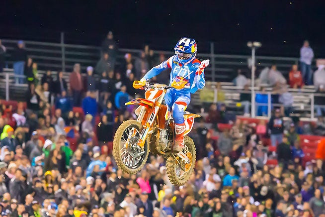Red Bull KTM's Ryan Dungey closed out his championship-winning Monster Energy AMA Supercross season with his ninth win of the year in the series finale at Sam Boyd Stadium in Las Vegas. PHOTO BY RICH SHEPHERD.