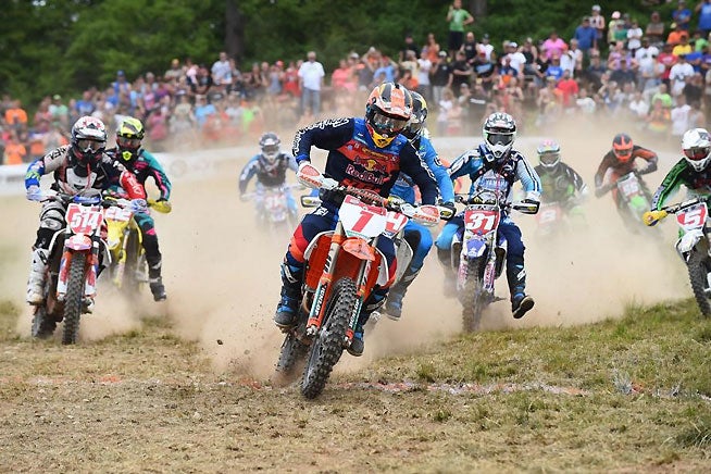 Kailub Russell overcame a second-lap crash to score his fifth AMSOIL GNCC win in a row at the 27th Annual John Penton GNCC in Ohio. PHOTO BY KEN HILL.
