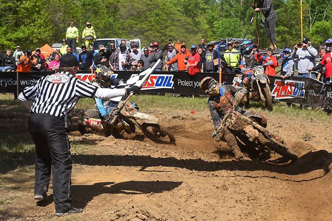 Kailub Russell (right) made a last straightaway pass on Josh Strang (left) and just beat him to the checkered flag to win the Limestone 100 GNCC in Springville, Indiana. PHOTO BY KEN HILL.