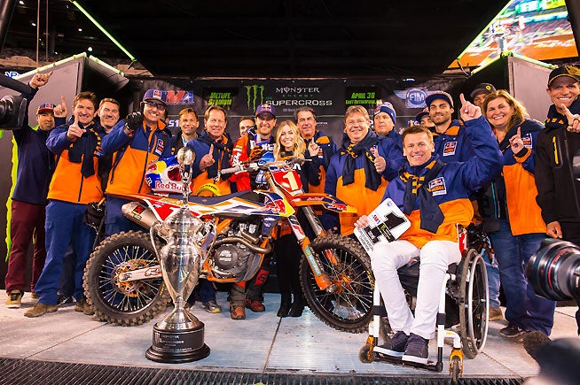 Ryan Dungey and the Red Bull KTM clan celebrated Dungey's successful defense of the Monster Energy AMA Supercross Championship at MetLife Stadium in New Jersey. Dungey clinched his third career title one round early by finishing fourth in the main event. PHOTO BY RICH SHEPHERD.