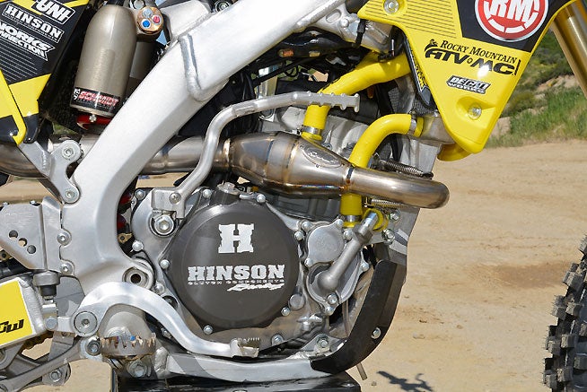 In addition to the Cylinder Works Big Bore kit and Vertex piston, Clark also went with a Hot Cams Stage 2 intake cam and a complete FMF Racing exhaust system to extract even more power. Hinson clutch plates and springs are housed inside that trick-looking cover of the same name.