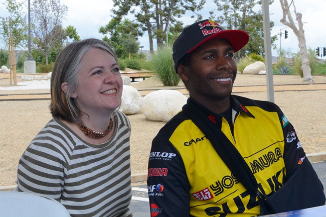 Shown here with his arm in a sling earlier in the season, Yoshimura Suzuki's James Stewart is happy to be healed up and ready for action at this weekend's Lucas Oil Pro Motocross Championship round in Millville, Minnesota. PHOTO BY SCOTT ROUSSEAU. 