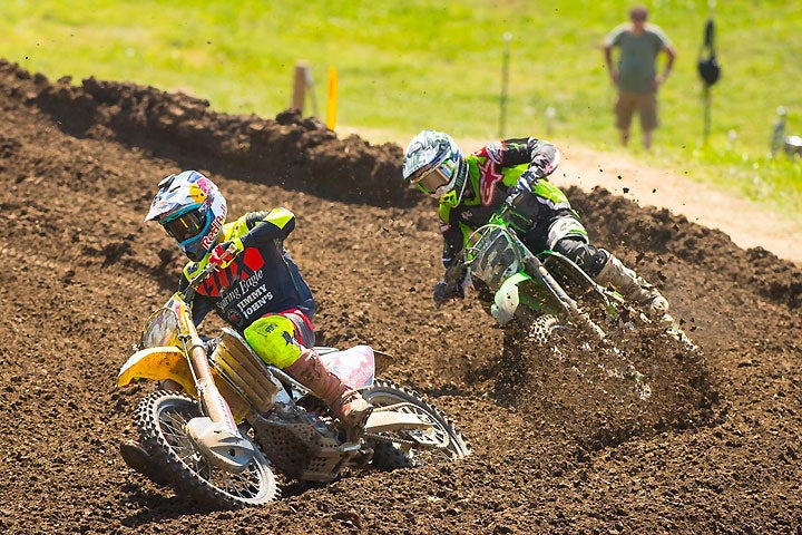 Tomac (3) gave Roczen (94) a real run for the second-moto and overall wins, but Roczen held off the Kawasaki rider, going 1-1 to Tomac's 2-2. PHOTO BY RICH SHEPHERD.