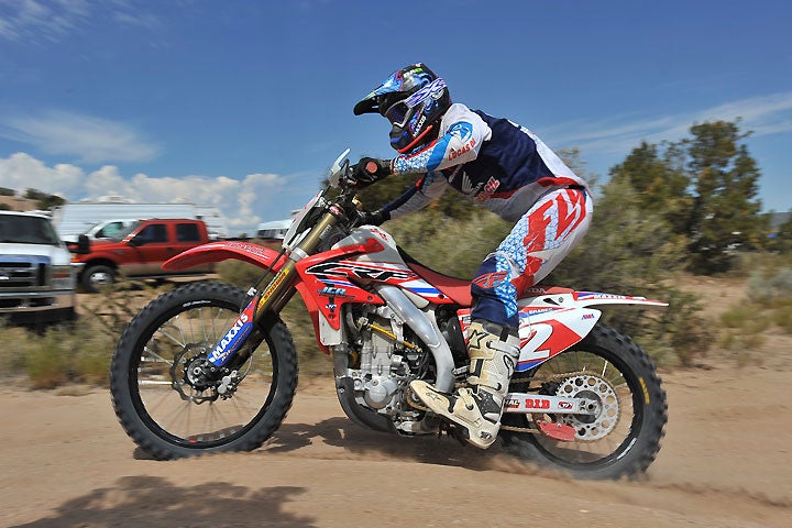 Ricky Brabec squashes his suspension, which was common on the very whooped-out trails of the Fun Valley OHV Area, en route to the win at the Rattle Snake 100 National Hare & Hound in New Mexico. His 1-2-2-1 record has given him a full 33-point lead over Jacob Argubright, who finished third on the day behind Brabec and Nick Burson. PHOTO BY MARK KARIYA.