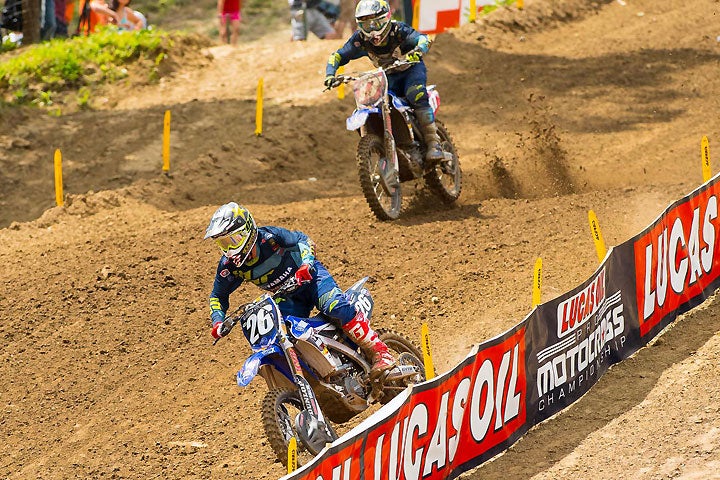 Series points leader Cooper Webb (17) ran Alex Martin (26) down in the first moto and claimed the moto win after Alex crashed. PHOTO BY RICH SHEPHERD.