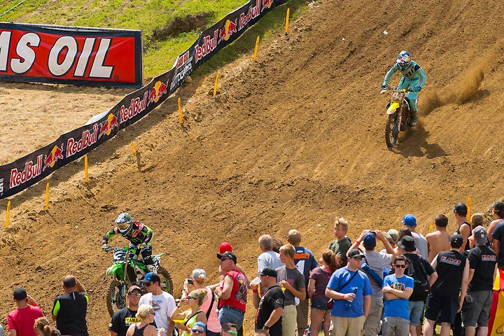 Eli Tomac (3) tried to pull away from Roczen (94) in the first moto just as he did last weekend in Southwick, but Roczen was having none of that. Roczen blew past Tomac and went on to post a convincing win in Moto 1. PHOTO BY RICH SHEPHERD.