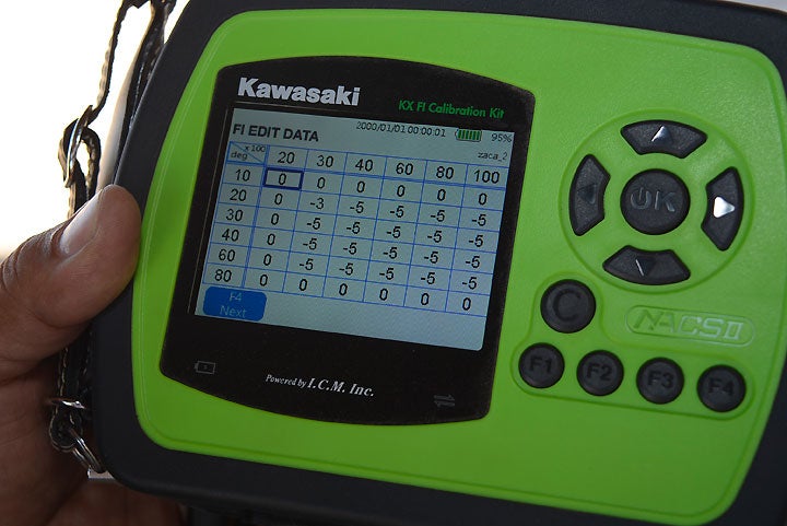 This photo shows Kawasaki's accessory FI calibration unit. The numbers on the screen were input into our custom DFI coupler.