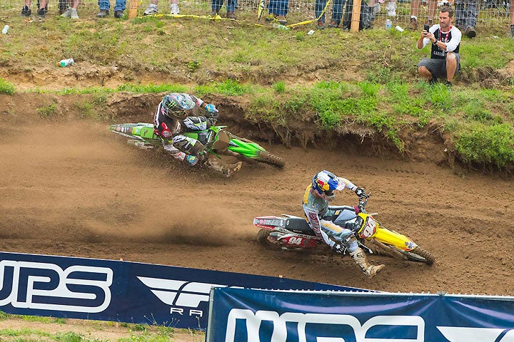 Eli Tomac (right) stopped Ken Roczen's (left) win streak by sweeping to 1-1 moto wins at the Red Bull Southwick National in Massachusetts. It was Tomac's first outdoor overall win since early in 2015. PHOTO BY RICH SHEPHERD.