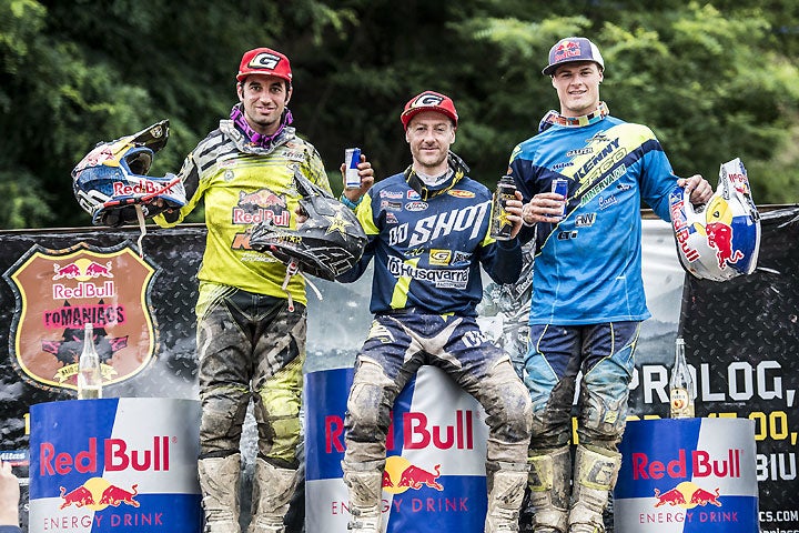 Jarvis (center) is flanked by Gomez (left) and Young (right) on the 2016 Red Bull Romaniacs podium. PHOTO COURTESY OF RED BULL CONTENT POOL.