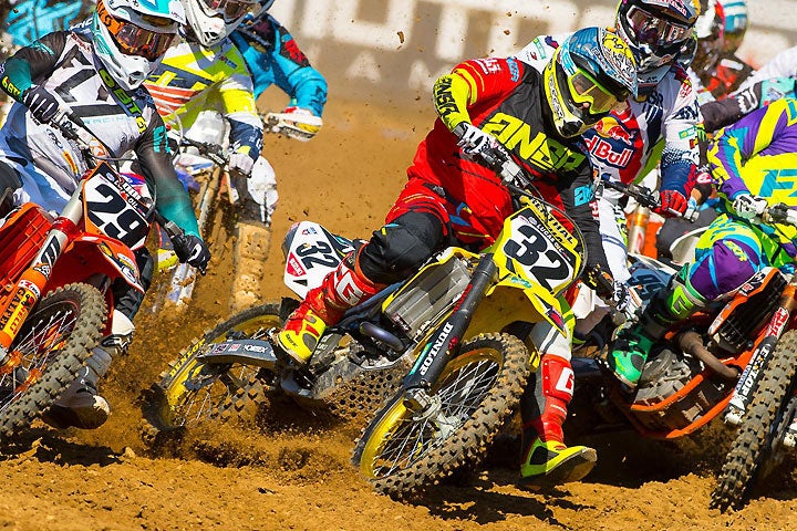 Yoshimura Suzuki's Matt Bisceglia pulled a holeshot in the second 450cc moto at the GEICO Motorcycle Budds Creek National last weekend. Still coming back from injuries sustained at Southwick, Bisecglia finished the day 11th overall. PHOTO BY RICH SHEPHERD. 