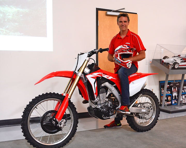 Honda off-road racing legend Johnny Campbell was on hand at Honda's museum to unveil the all-new 2017 CRF450RX, a machine based on the new CRF450R but intended for closed-course off-road use.