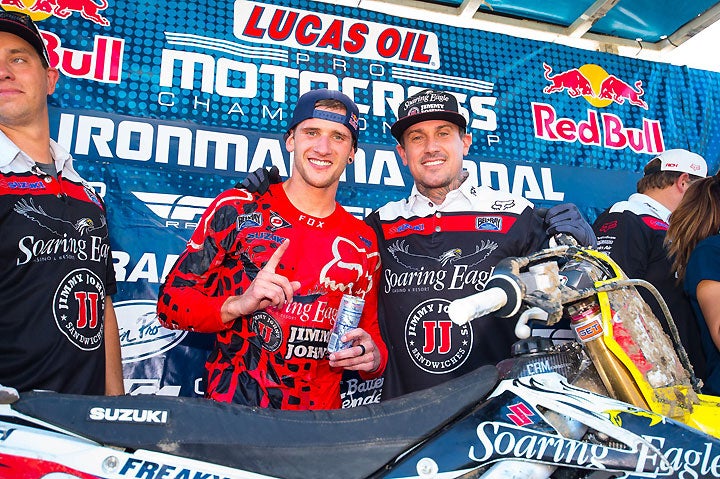 Champions: Ken Roczen (left) and RCH Soaring Eagle/Jimmy John's Suzuki's Ken Roczen celebrate a fantastic season in which RCH became the first privately backed factory team to win an AMA National Motocross title. PHOTOS BY RICH SHEPHERD.