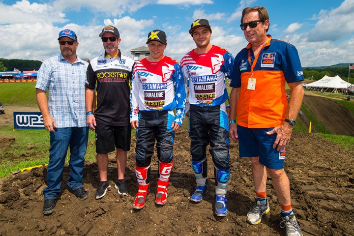 Alex Martin (center) and Cooper Webb (second from right) will make up two thirds of the 2016 Team USA squad at the Motocross of Nations. Five-time World 500cc Motocross Champion Roger DeCoster (right) will again serve as the team manager. PHOTO BY RICH SHEPHERD.