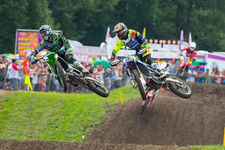 Eli Tomac (left) dices with Justin Barcia (right). Tomac didn't have the best second moto and ended up third overall via 2-3 moto scores. Barcia finished fifth overall after 4-7 finishes.  PHOTO BY RICH SHEPHERD.