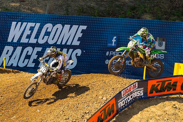 Osborne (left) battles with Austin Forkner (right) in Moto 2.