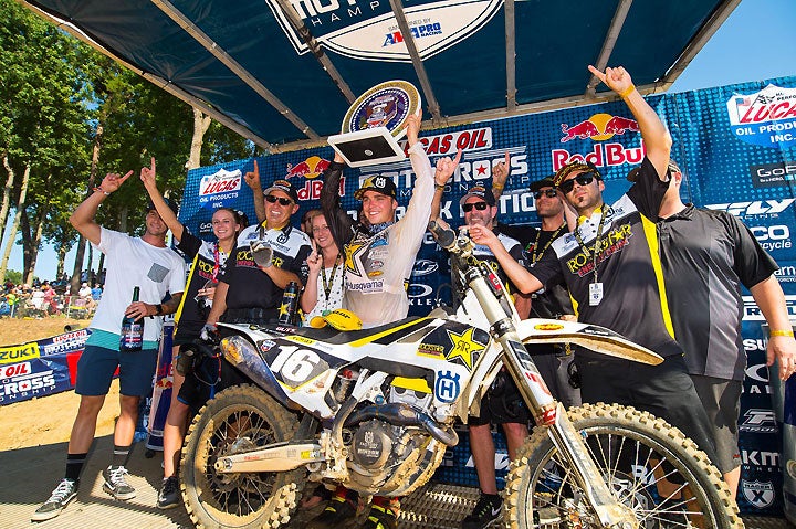 Zach Osborne and Rockstar Energy Husqvarna Factory Racing celebrated two firsts on the podium at the GEICO Motorcycle Budds Creek National MX. It was Osborne's first career Lucas Oil Pro Motocross overall win, and it was the first for the Husqvarna brand in the 250cc series. PHOTO BY RICH SHEPHERD.