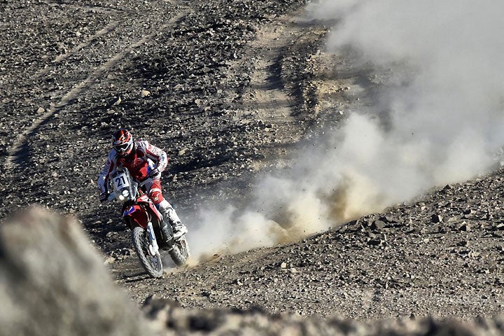 Ricky Brabec continues to learn the ropes of rally racing by putting in steady finishes. The American rode his Honda to fifth place in Stage 2, and he remains fifth overall. PHOTO COURTESY OF TEAM HRC.