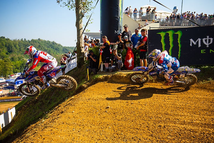 Alex Martin (right) chases Benoit Paturel (left). Martin went 9-9 in his two MX2 motos. PHOTO BY JEFF KARDAS.